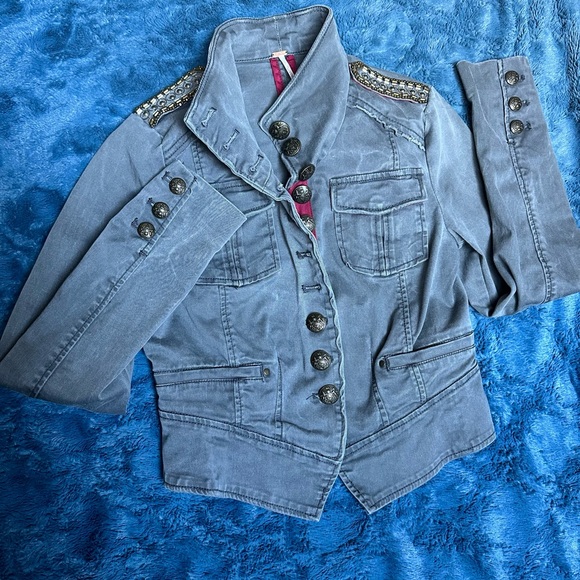 Free People Blue Jean Jacket with Embellished Shoulders - Picture 1 of 8